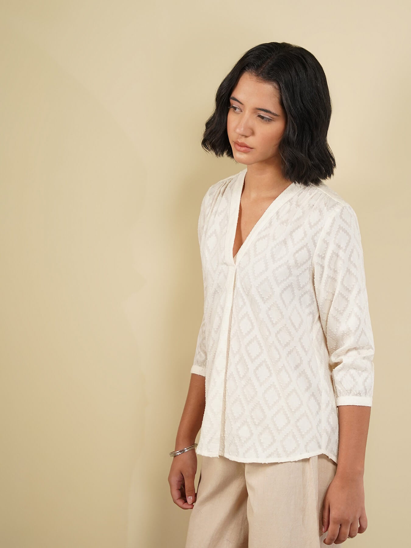 Cotton Jacquard Pleated Top - White