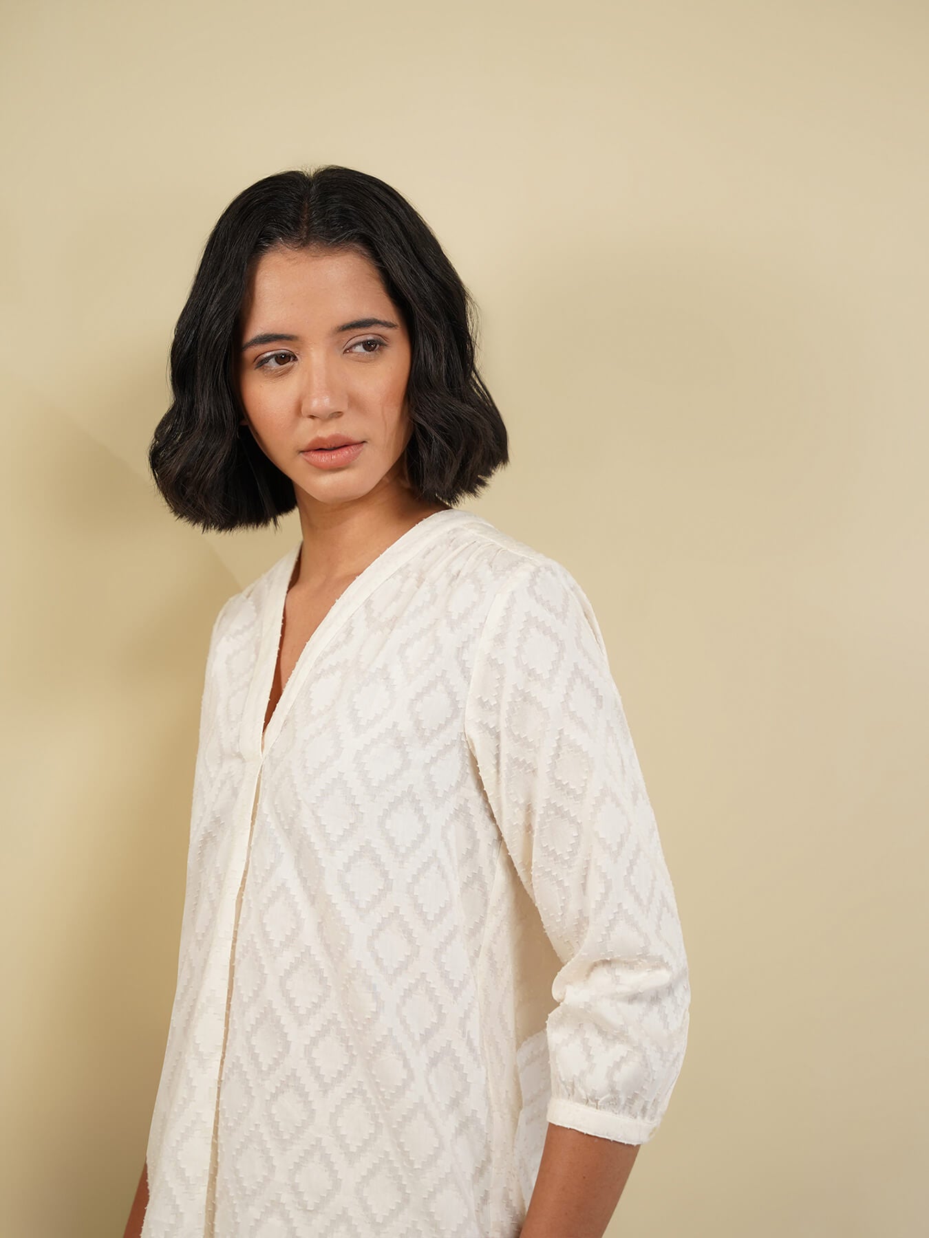 Cotton Jacquard Pleated Top - White