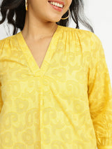 Cotton Jacquard V-Neck Top - Yellow