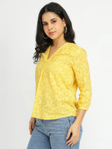 Cotton Jacquard V-Neck Top - Yellow