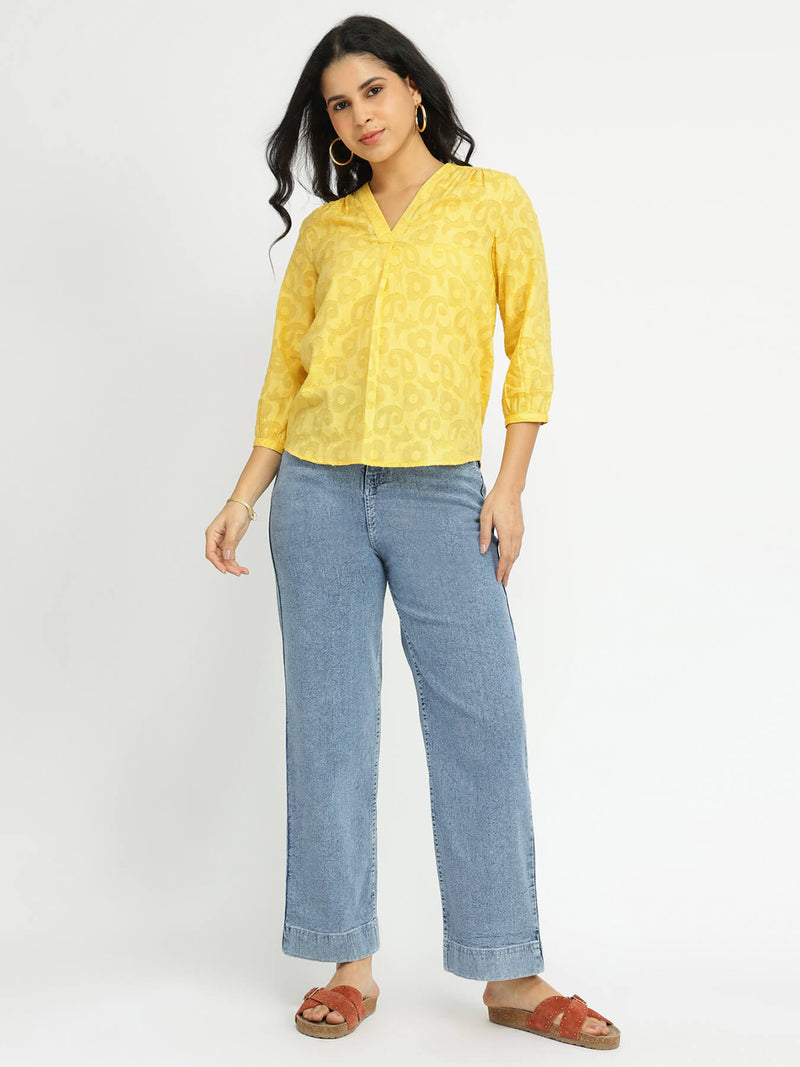 Cotton Jacquard V-Neck Top - Yellow
