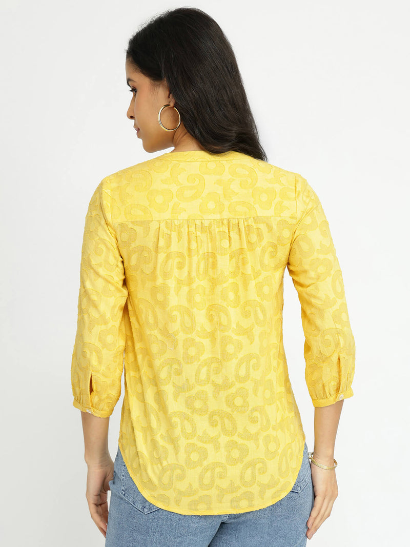 Cotton Jacquard V-Neck Top - Yellow