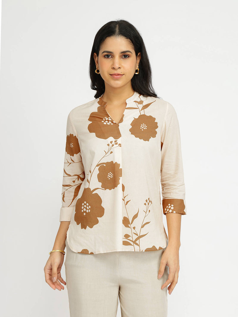 Cotton Floral V-Neck Top - Off-White & Brown