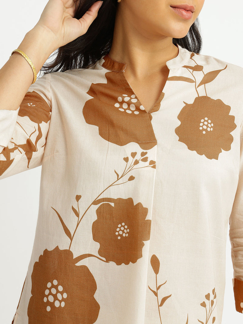 Cotton Floral V-Neck Top - Off-White & Brown
