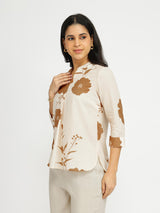 Cotton Floral V-Neck Top - Off-White & Brown