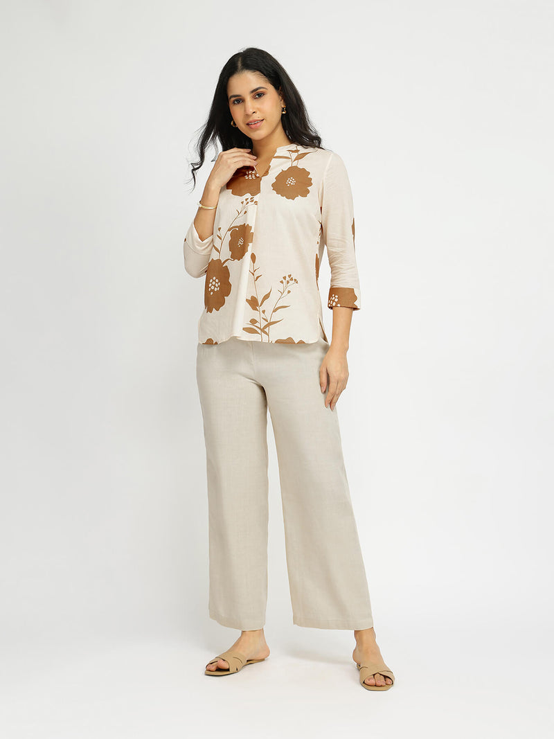 Cotton Floral V-Neck Top - Off-White & Brown