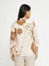 Cotton Floral V-Neck Top - Off-White & Brown