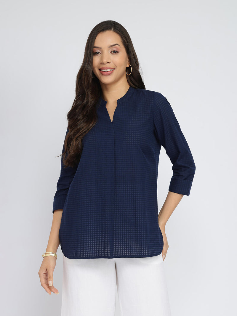 Cotton Solid Band Collar Top - Navy Blue