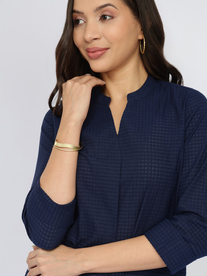 Cotton Solid Band Collar Top - Navy Blue