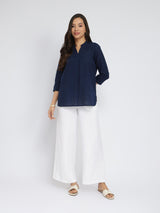 Cotton Solid Band Collar Top - Navy Blue