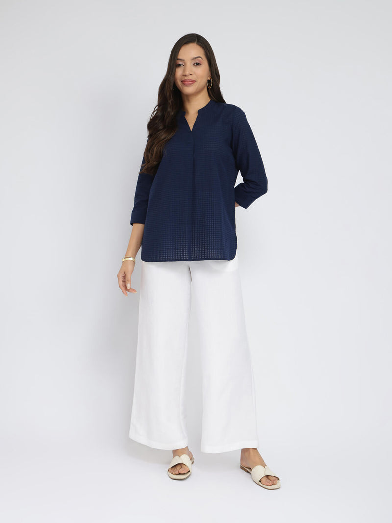 Cotton Solid Band Collar Top - Navy Blue
