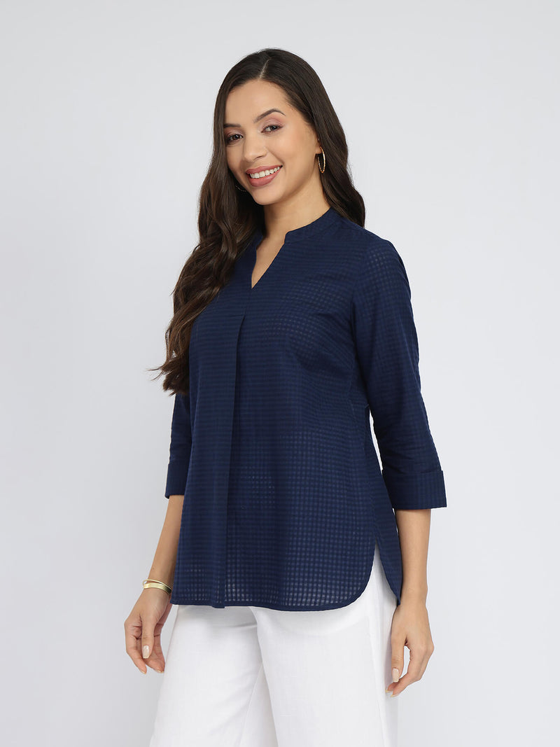 Cotton Solid Band Collar Top - Navy Blue
