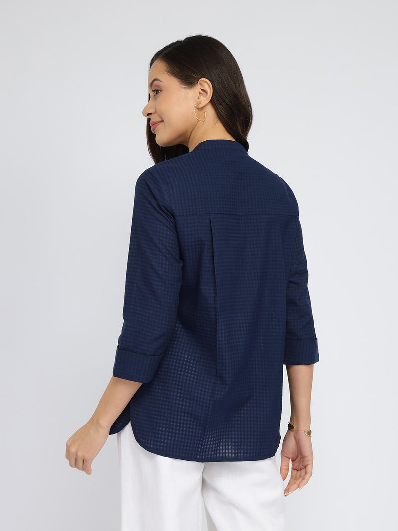 Cotton Solid Band Collar Top - Navy Blue