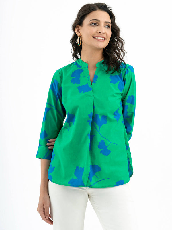 Cotton Poplin Shirt Collar Top - Green