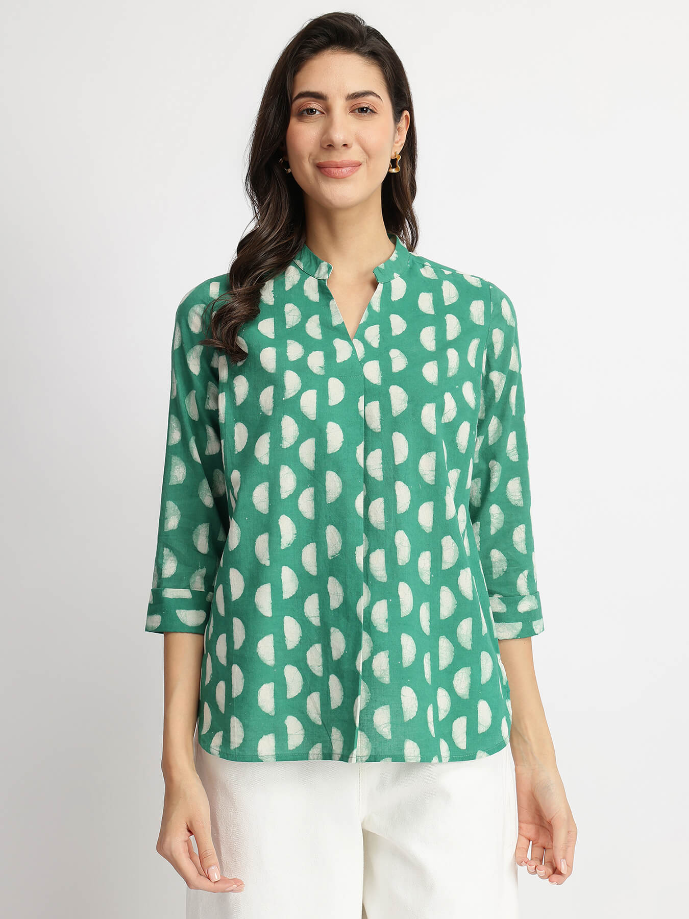 Cotton Dabu Handblock Moon Polka Top - Green