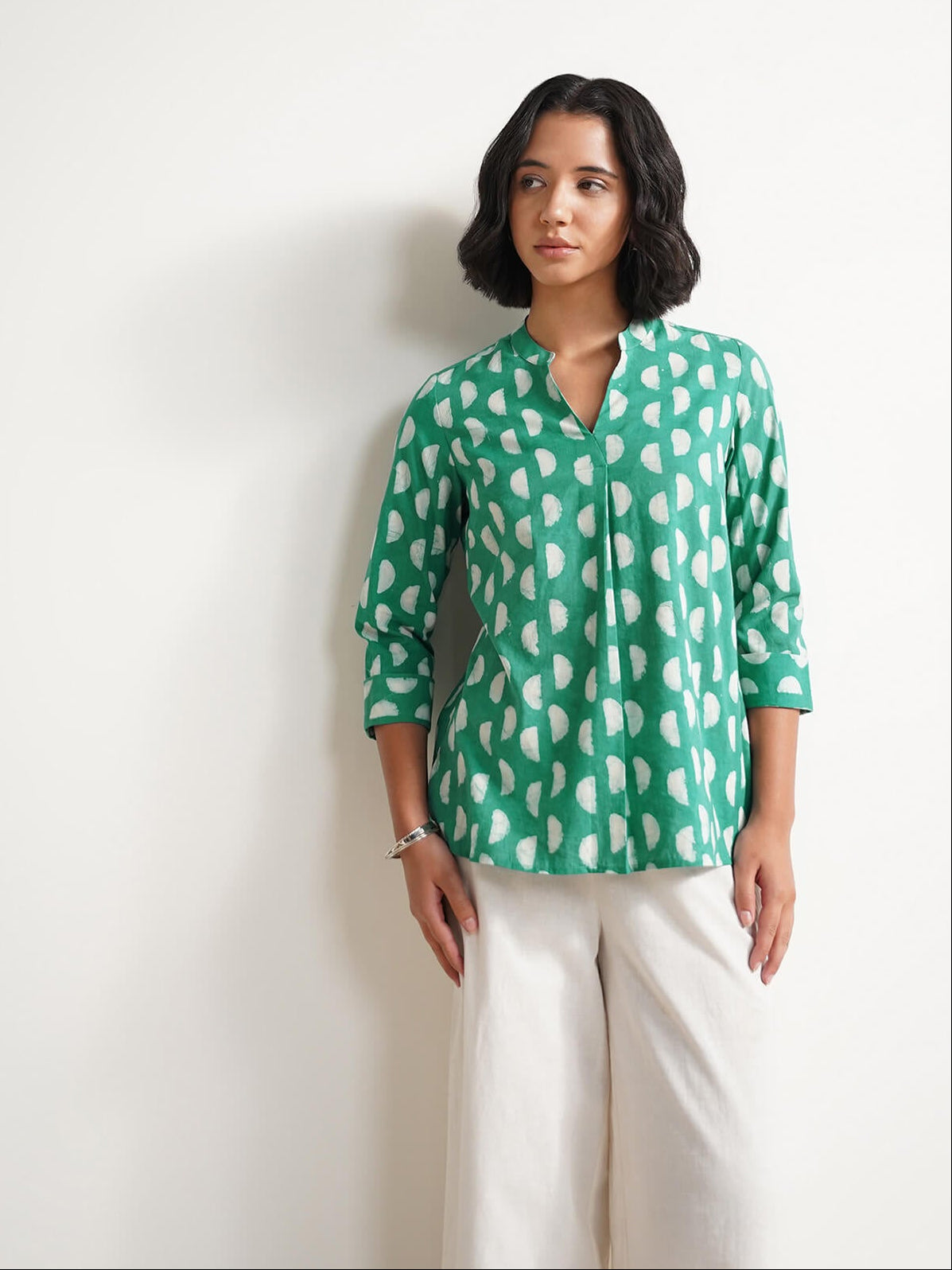 Cotton Dabu Handblock Moon Polka Top - Green