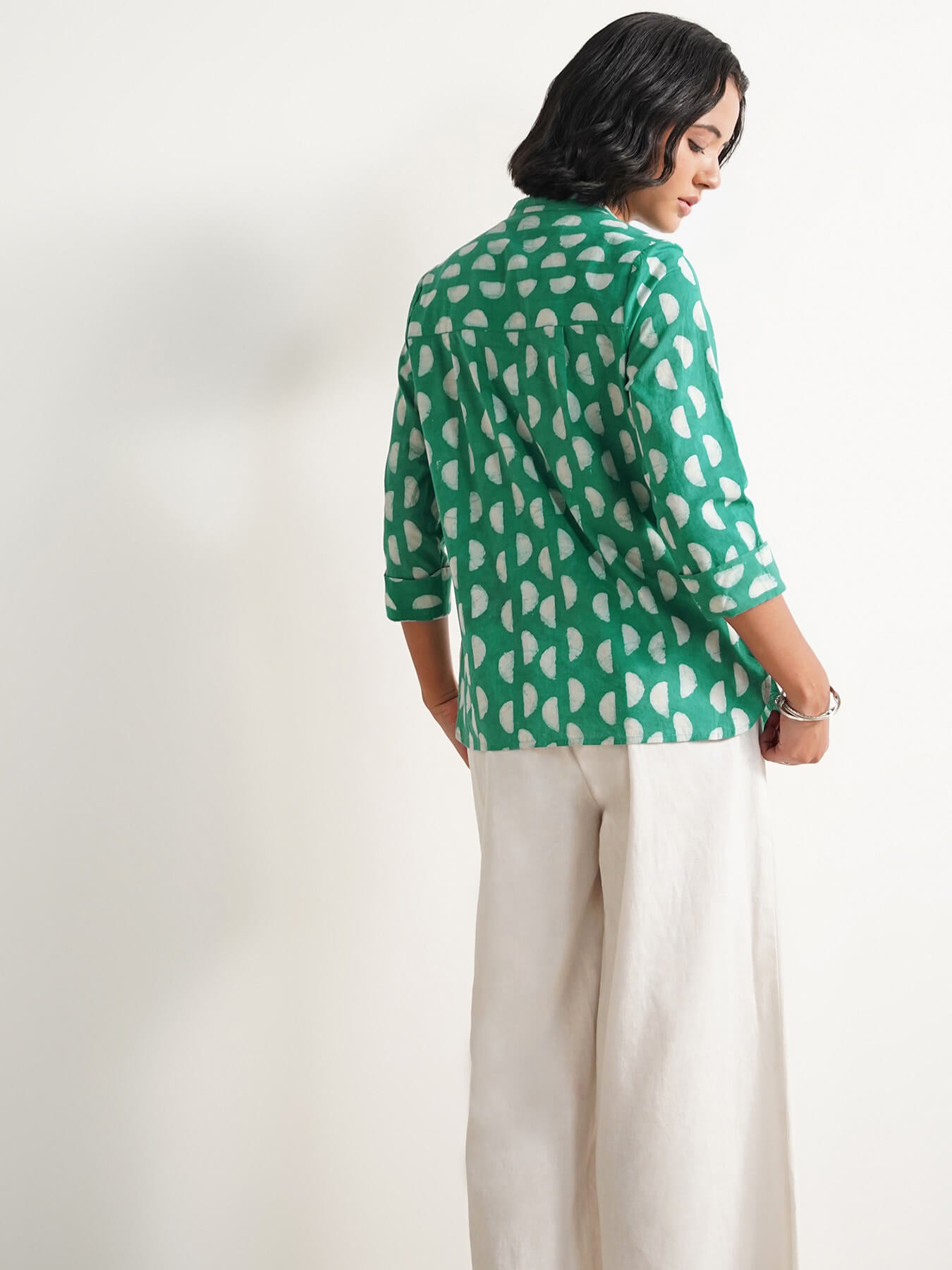 Cotton Dabu Handblock Moon Polka Top - Green