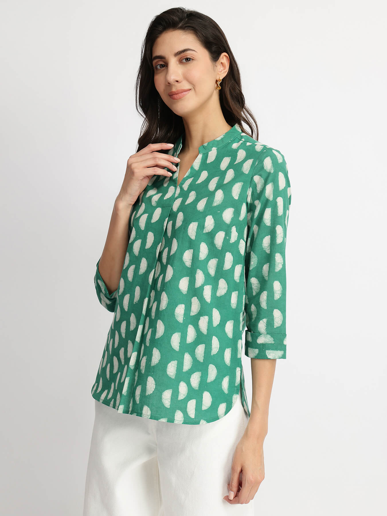Cotton Dabu Handblock Moon Polka Top - Green