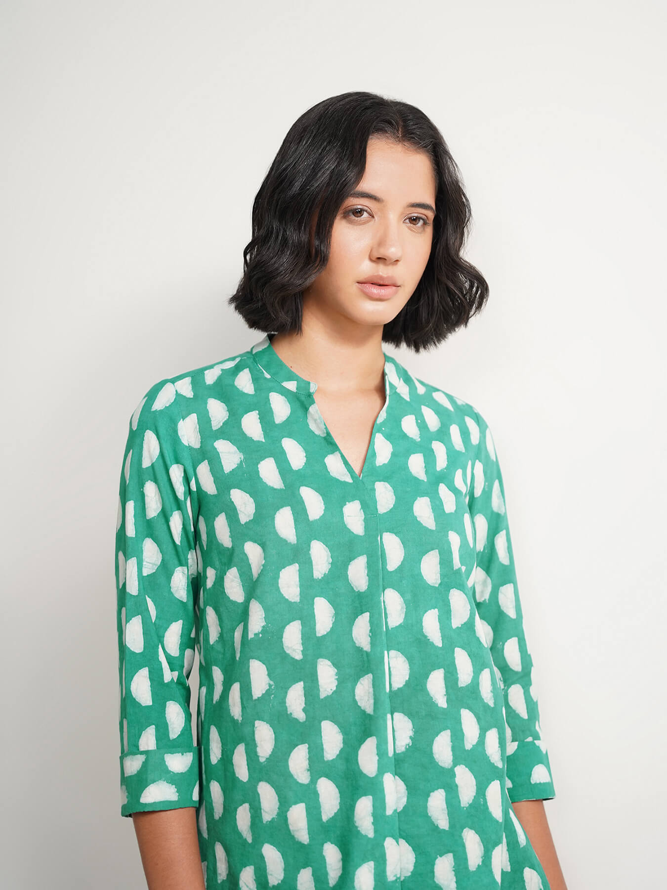 Cotton Dabu Handblock Moon Polka Top - Green