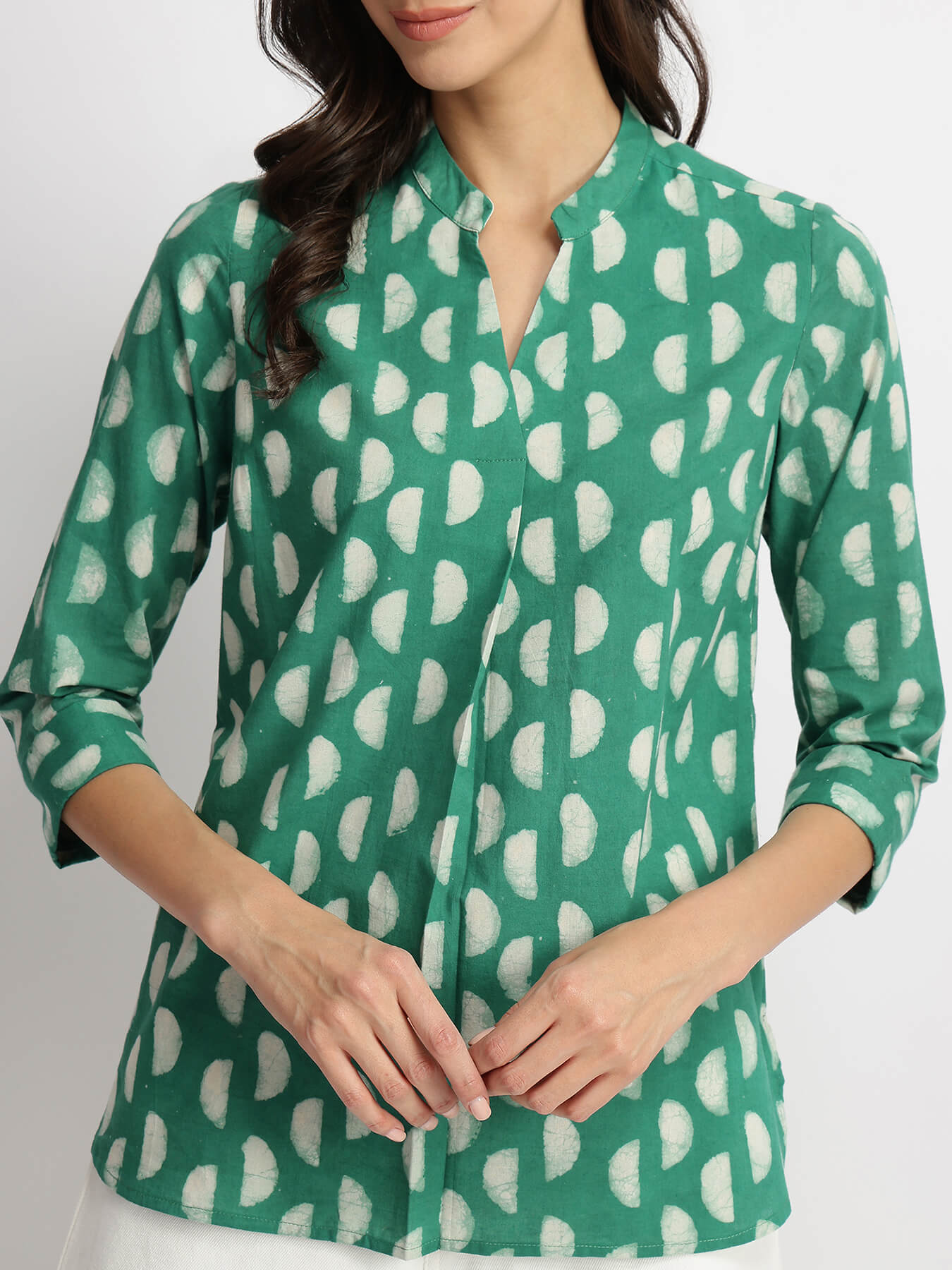 Cotton Dabu Handblock Moon Polka Top - Green