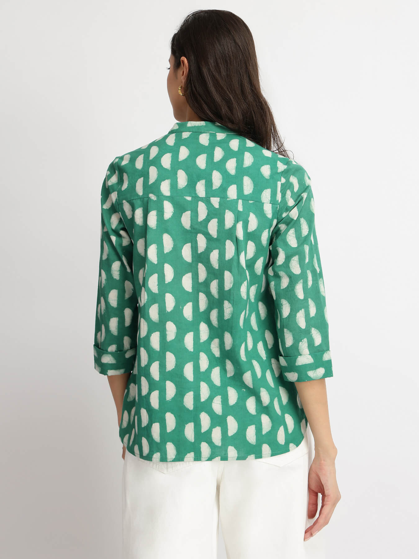 Cotton Dabu Handblock Moon Polka Top - Green
