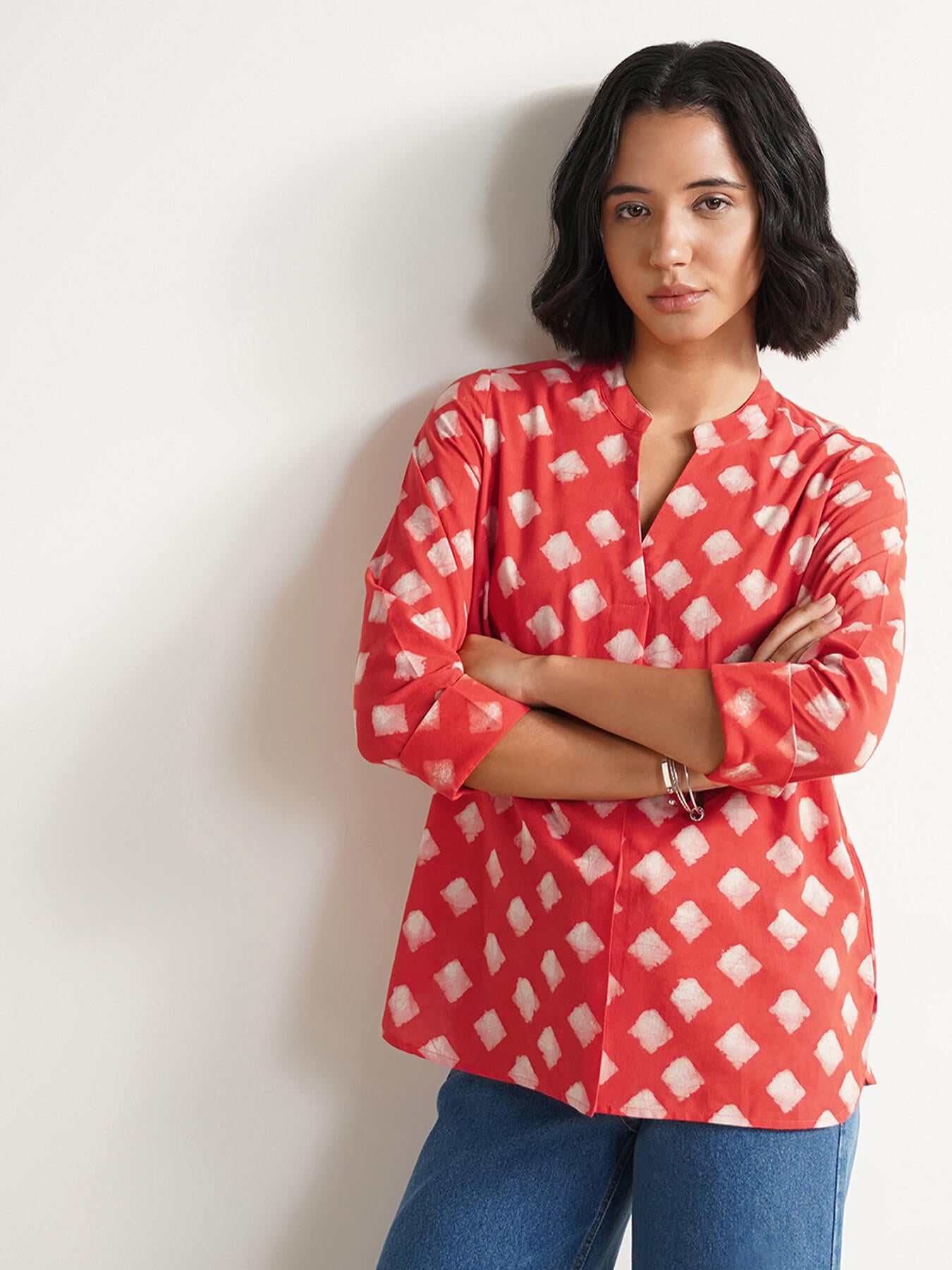Cotton Dabu Geometric Print Top - Peach