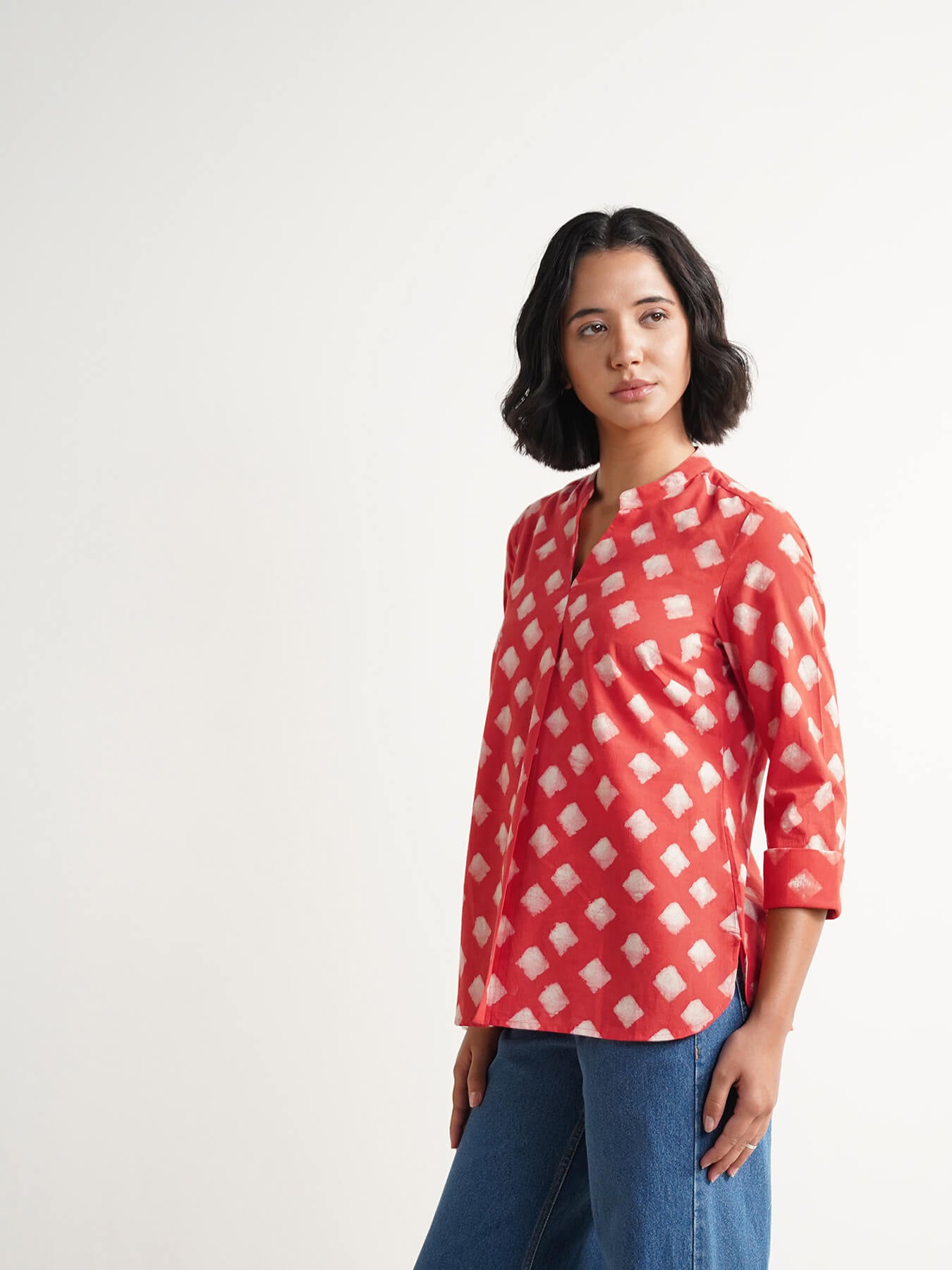 Cotton Dabu Geometric Print Top - Peach