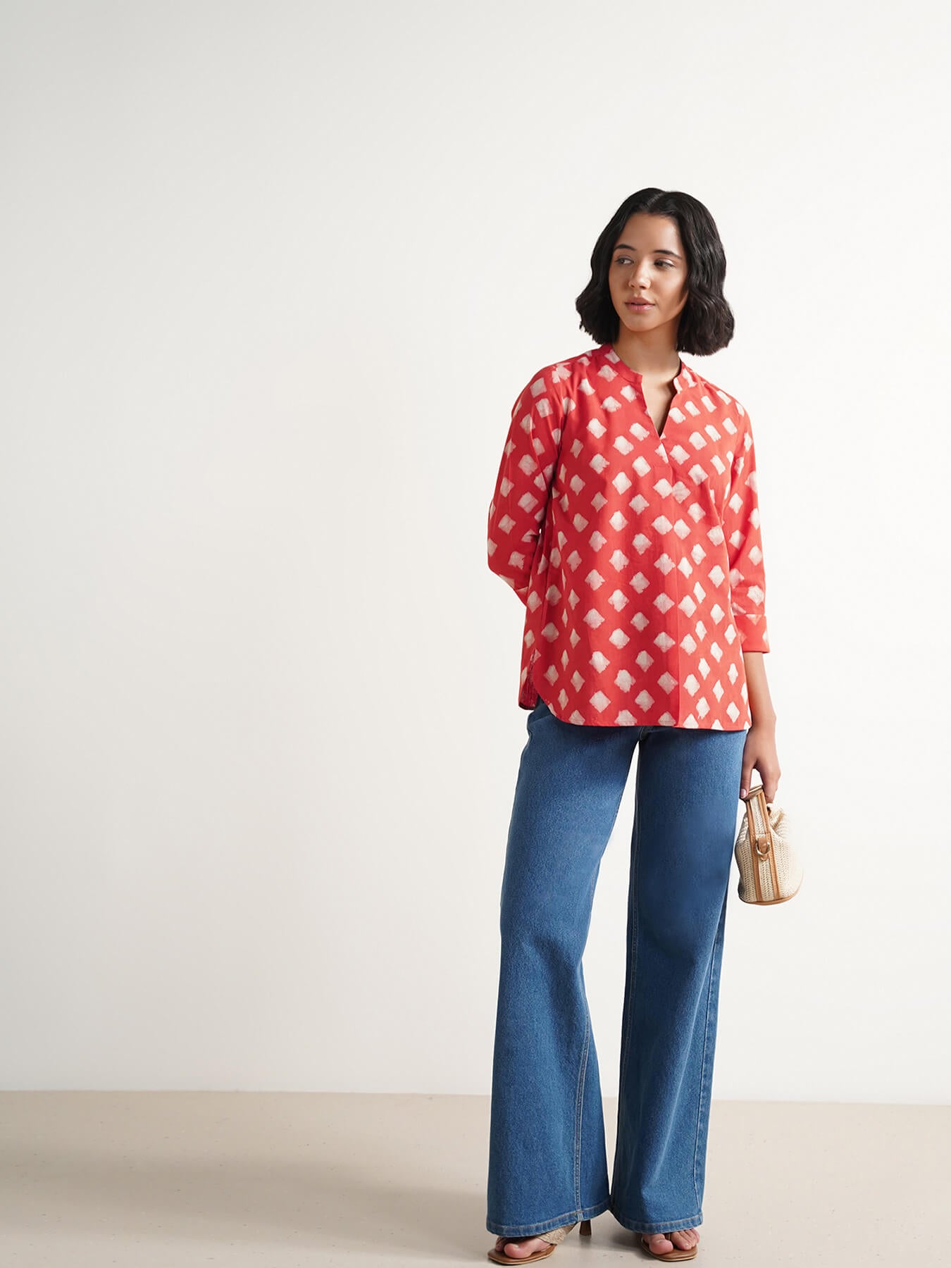 Cotton Dabu Geometric Print Top - Peach