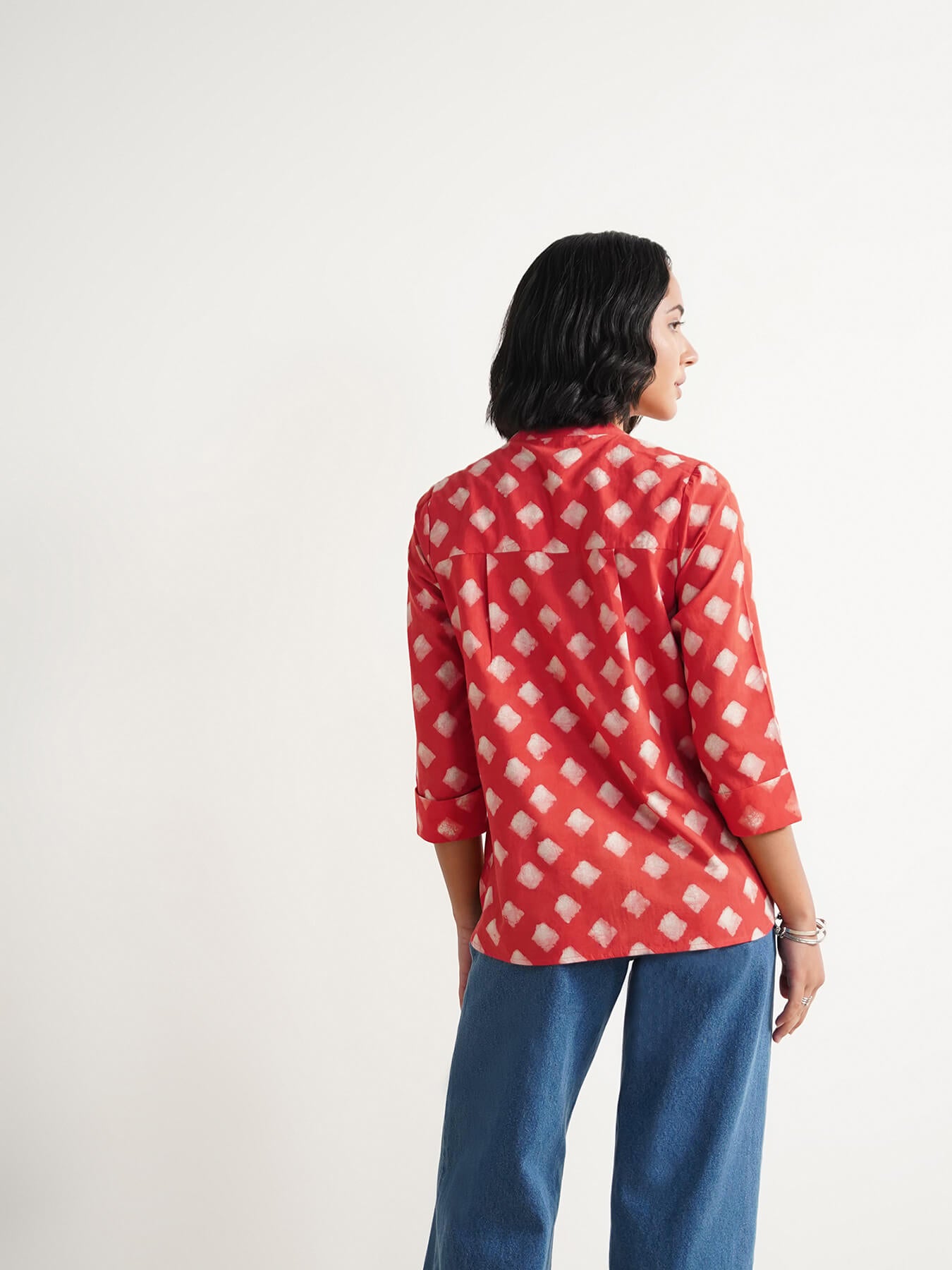 Cotton Dabu Geometric Print Top - Peach