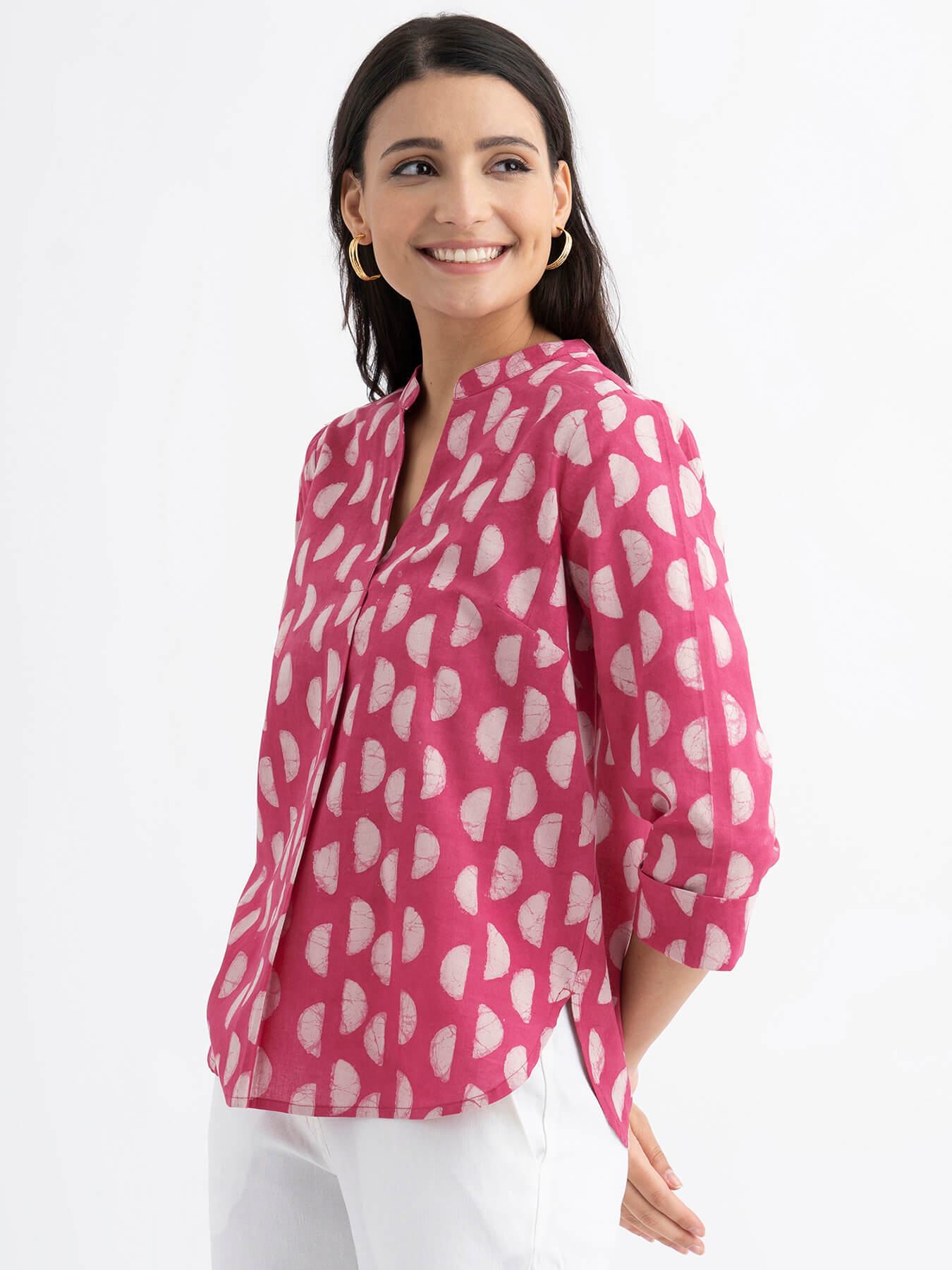 Cotton Dabu Handblock Polka Printed Shirt - Pink
