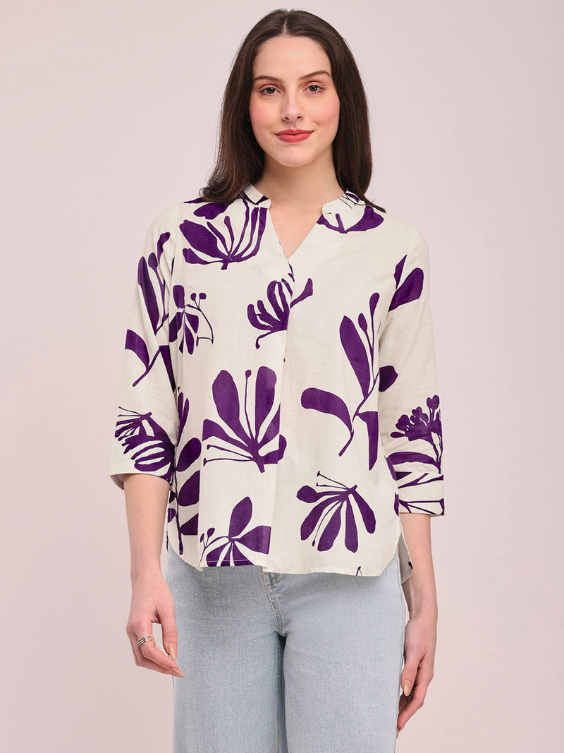 Cotton Floral Print Top - Off-White and Purple