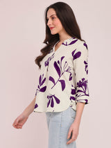 Cotton Floral Print Top - Off-White and Purple