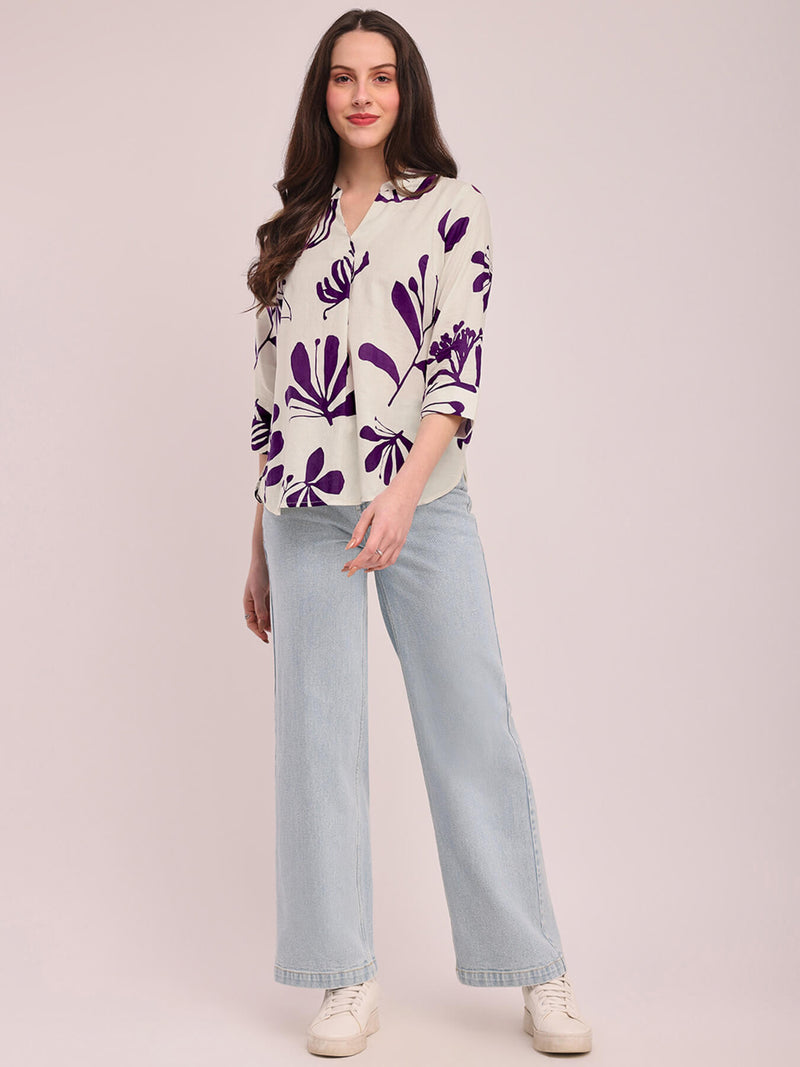 Cotton Floral Print Top - Off-White and Purple