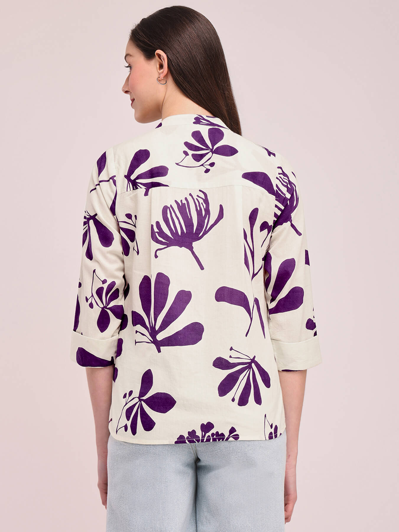 Cotton Floral Print Top - Off-White and Purple