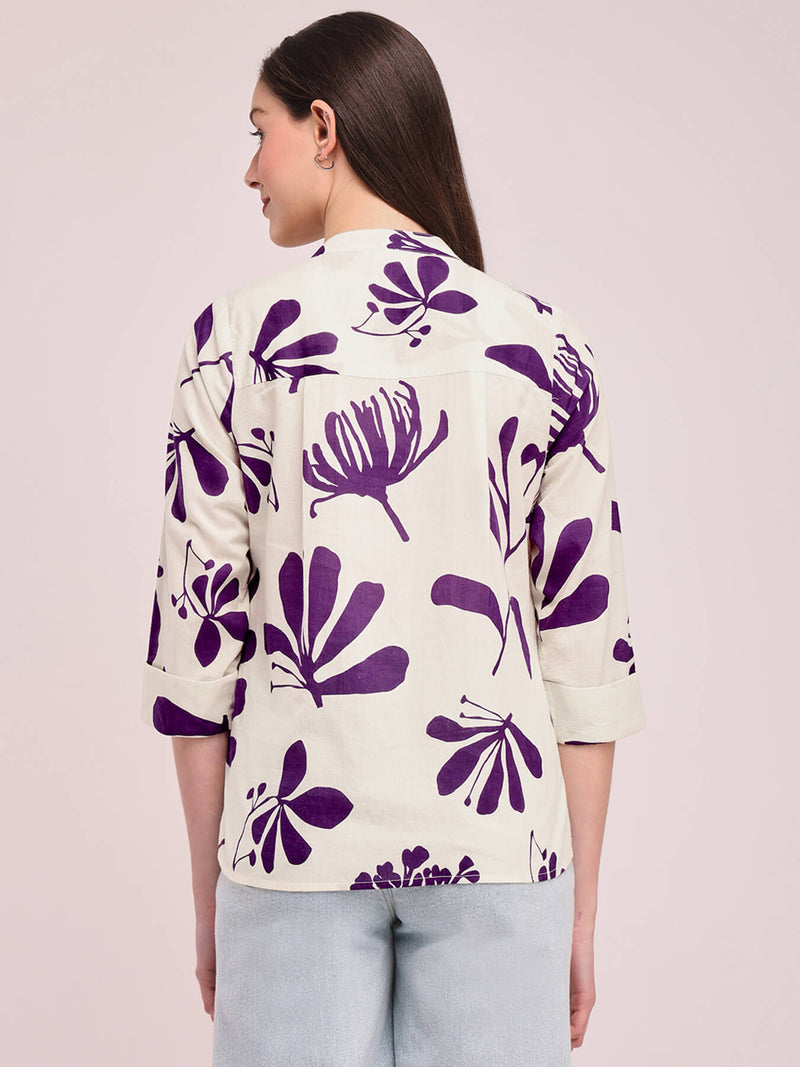 Cotton Floral Print Top - Off-White and Purple