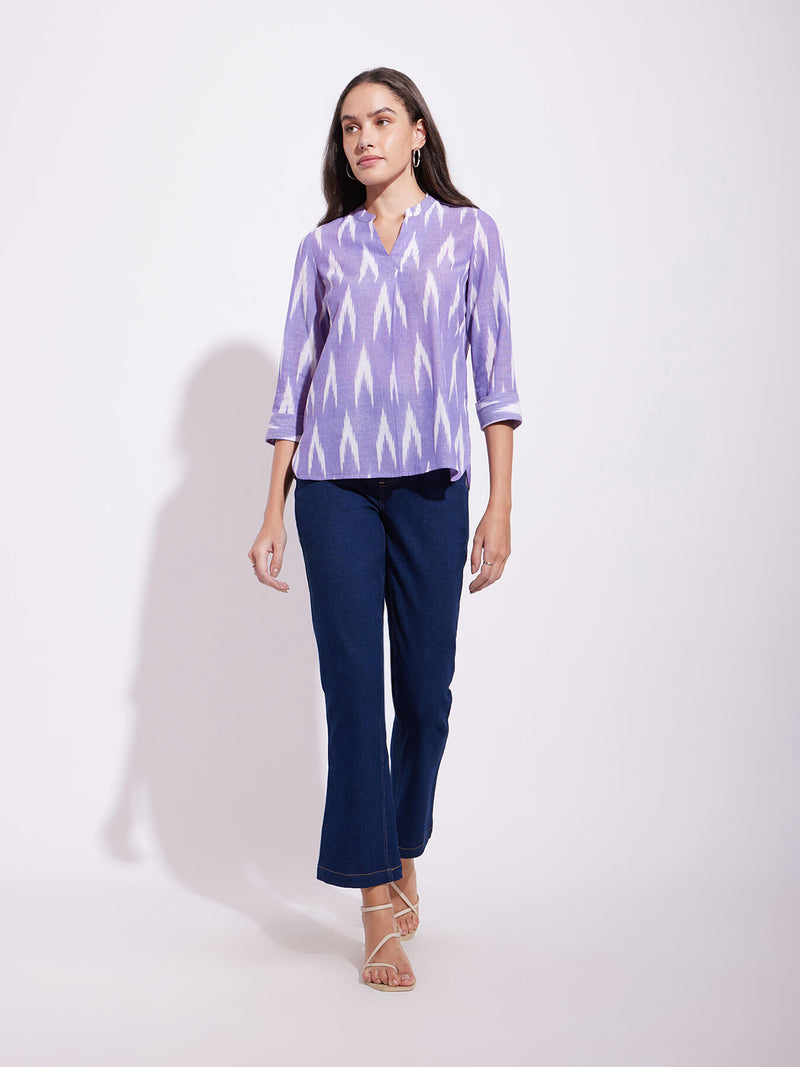 Cotton Ikat Front Pleated Top - Purple