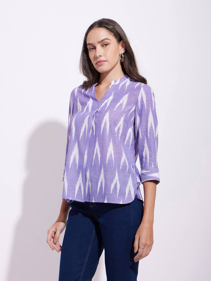 Cotton Ikat Front Pleated Top - Purple