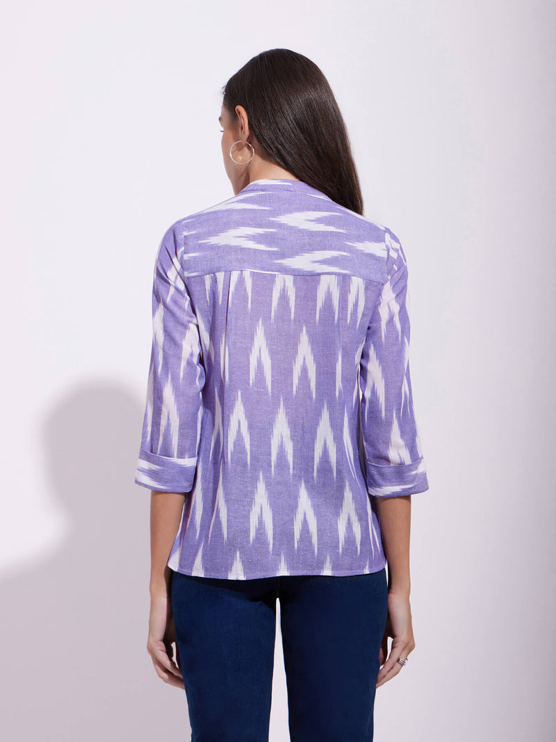 Cotton Ikat Front Pleated Top - Purple