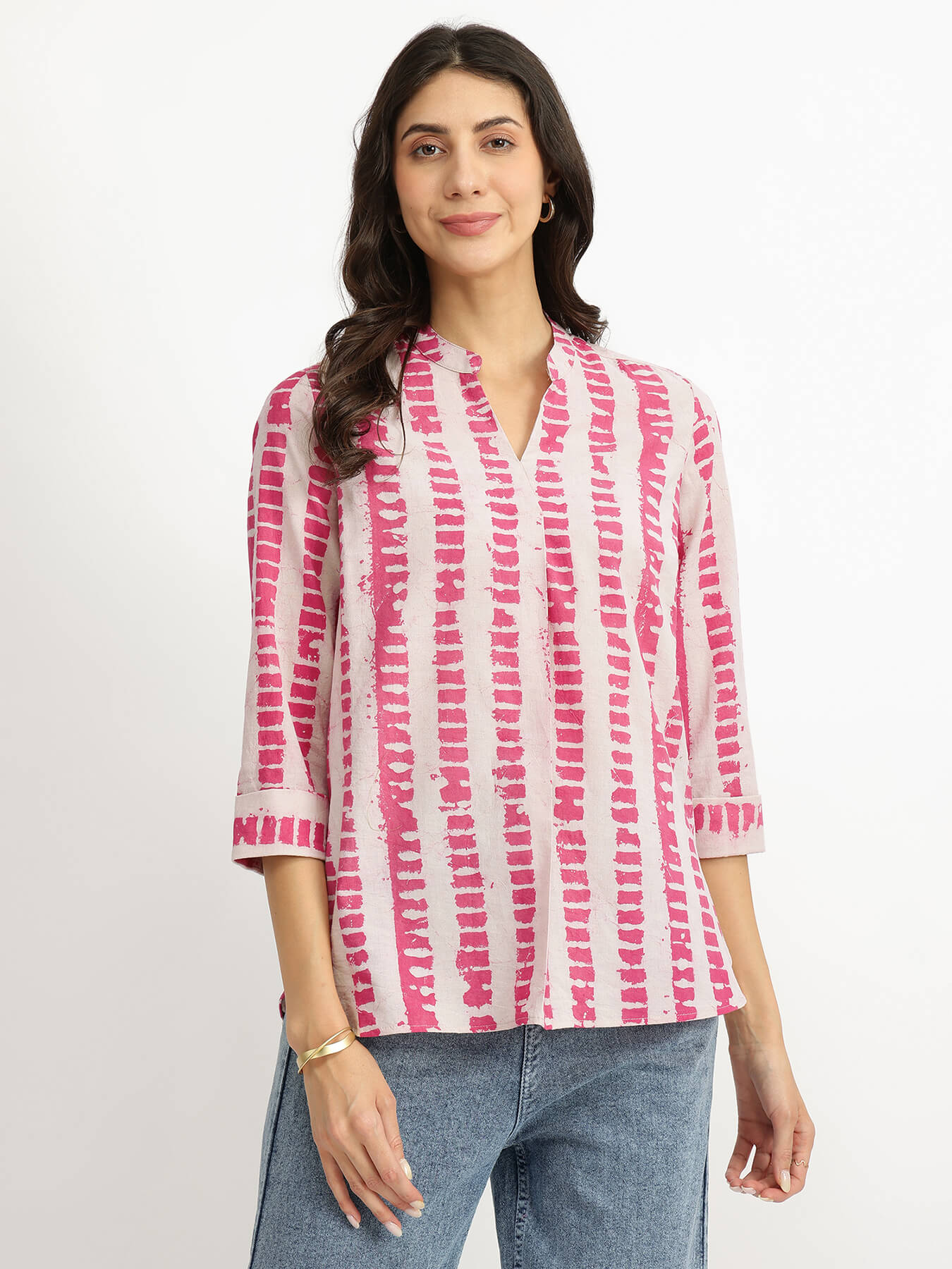 Cotton Dabu Striped Top - Pink