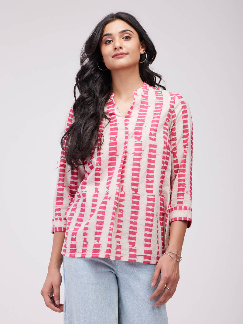 Cotton Dabu Striped Top - Pink