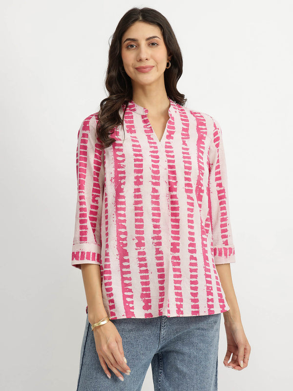 Cotton Dabu Striped Top - Pink