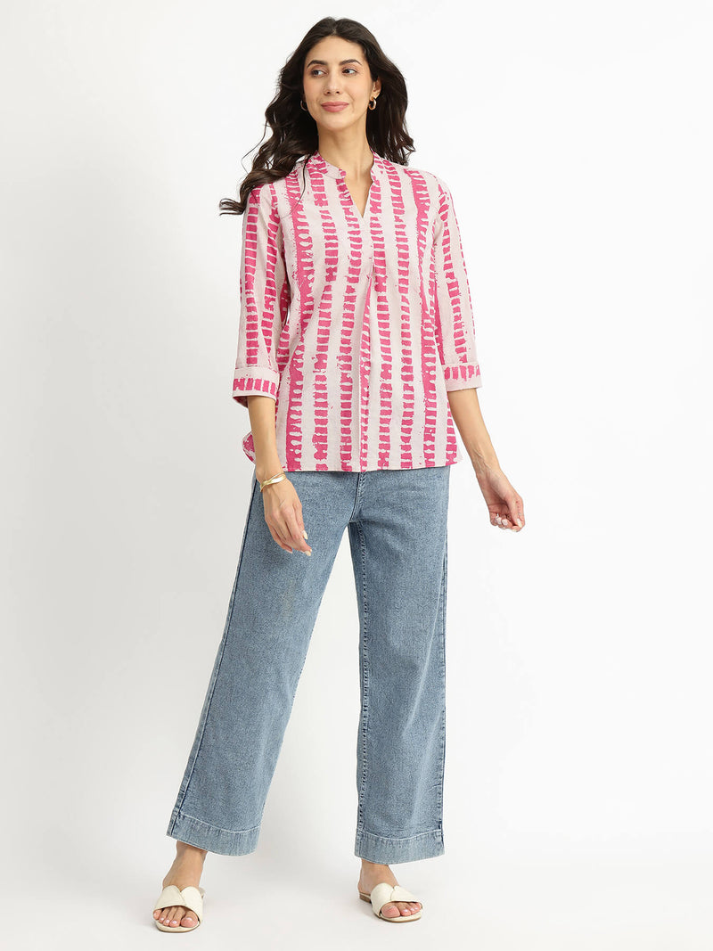 Cotton Dabu Striped Top - Pink