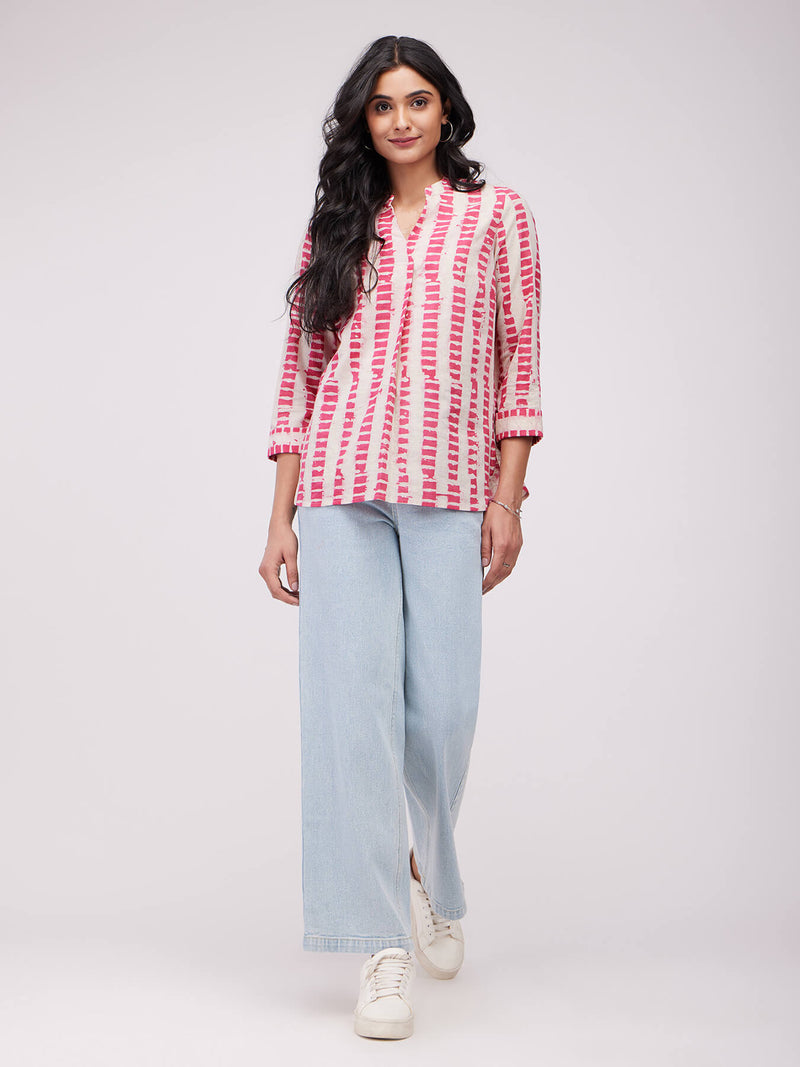 Cotton Dabu Striped Top - Pink