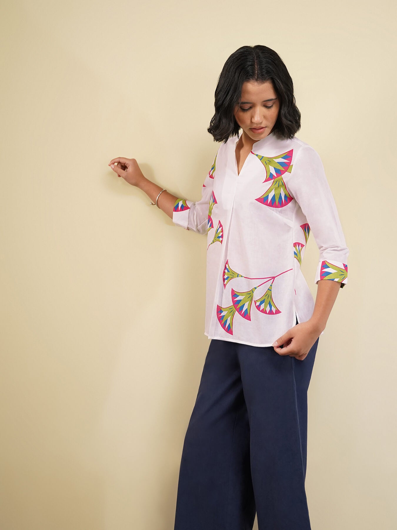 Cotton Floral Shirt Style Top - White