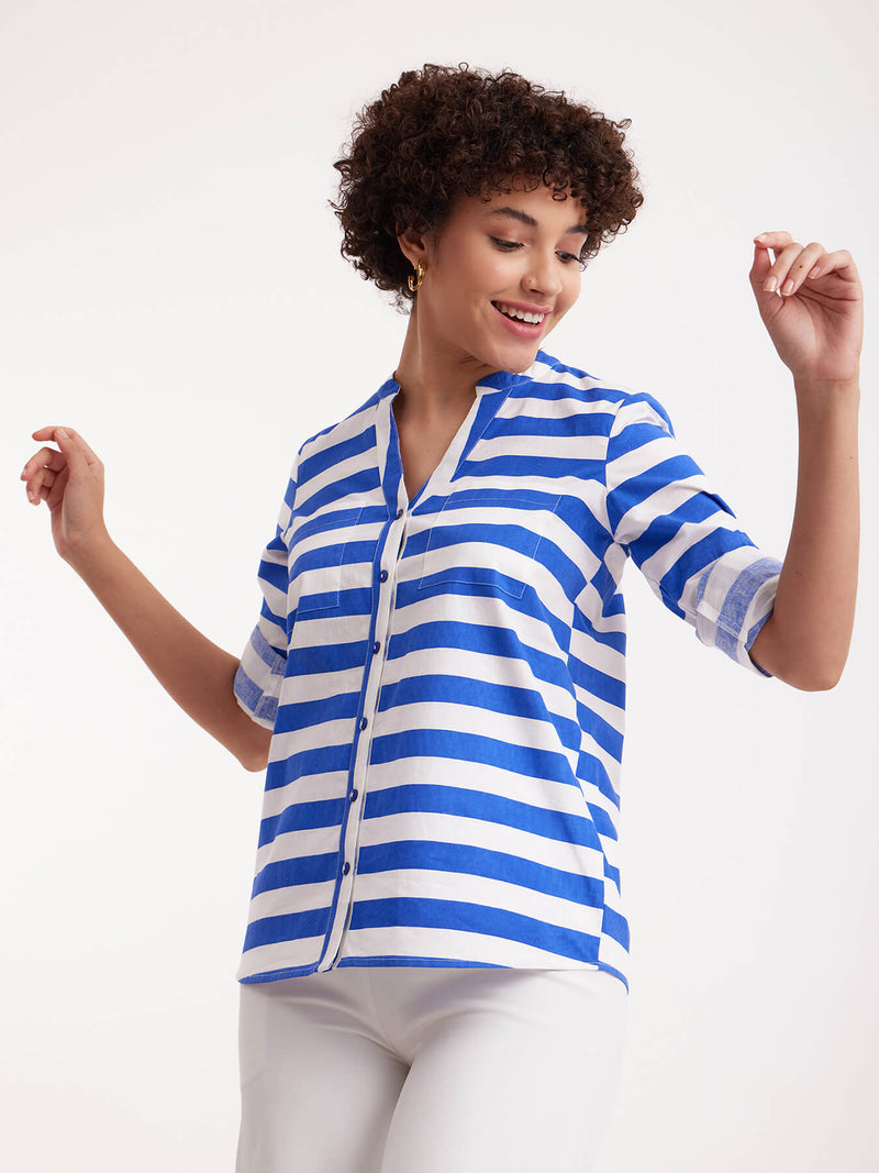 Cotton Poplin Stripe Play Shirt Collar Top - Blue & White