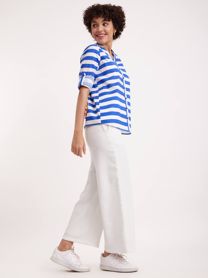 Cotton Poplin Stripe Play Shirt Collar Top - Blue & White