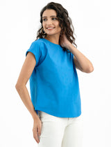 Cotton Poplin Cap Sleeves Top - Blue