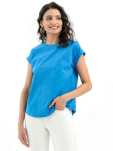 Cotton Poplin Cap Sleeves Top - Blue