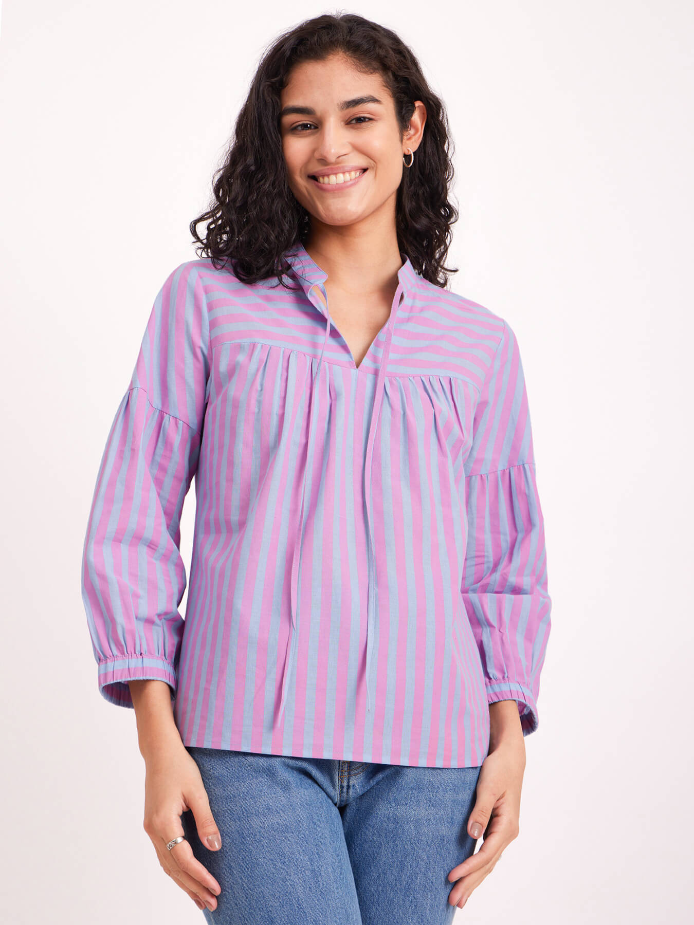 Cotton Stripe Play Tie up Top - Pink & Blue