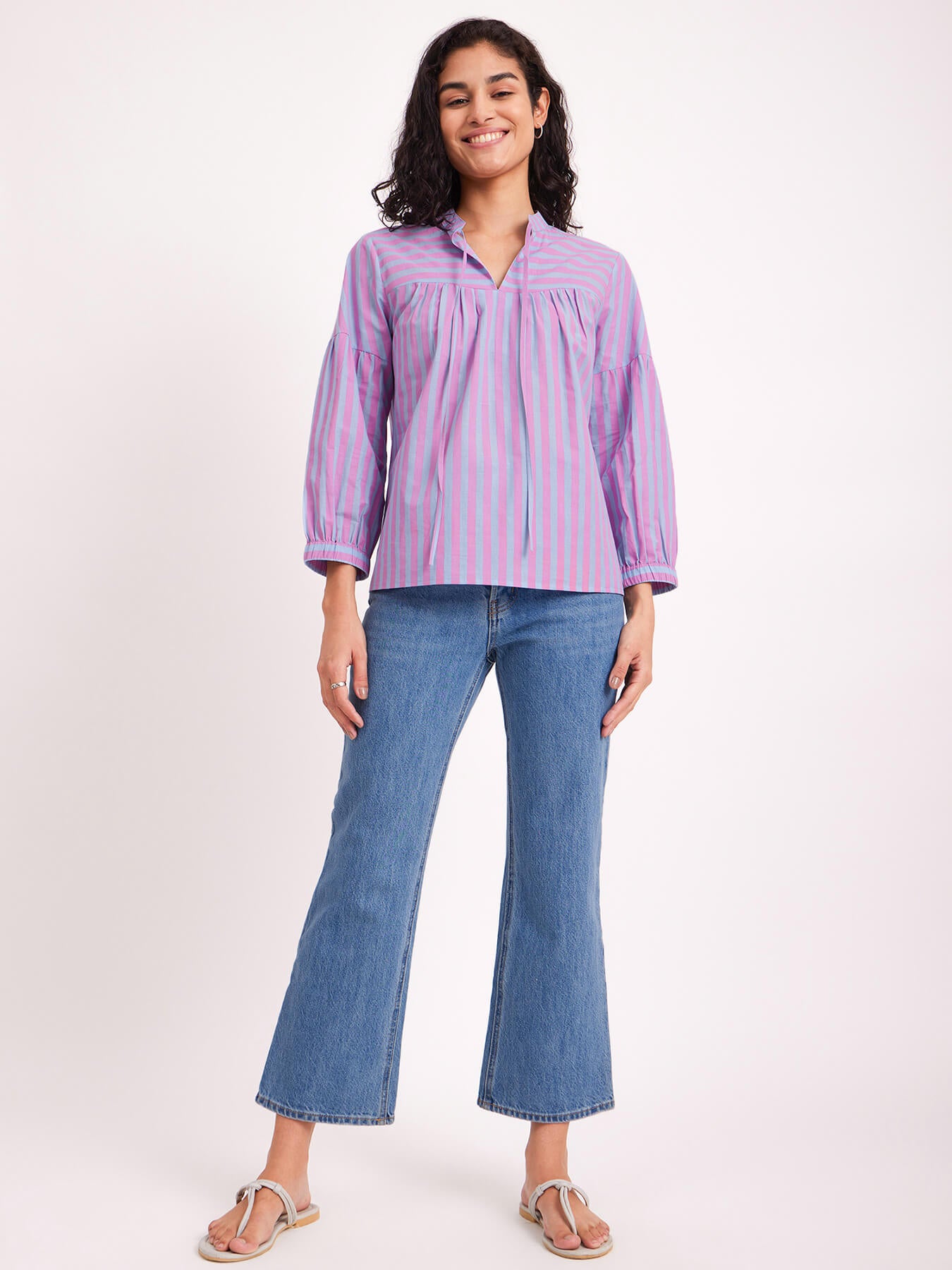 Cotton Stripe Play Tie up Top - Pink & Blue